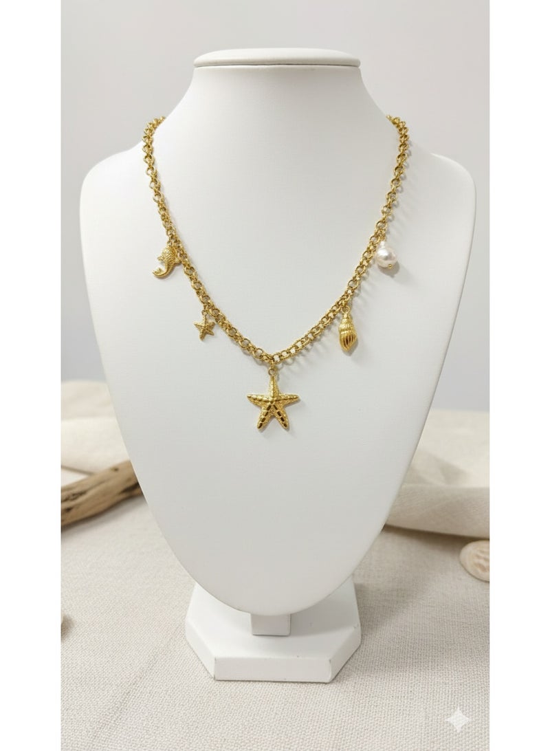 ورد سلسلة ذهبية ستانلس ستيل بتصميم صيفي (نجمة البحر وقوقعة) - مقاومة للصدأ - Image 1